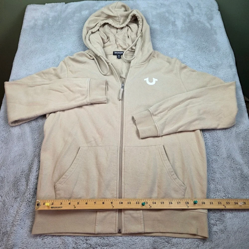 True Religion Zip Up Hoodie Mens XL Buddha Horseshoe Logo Fleece Graphic Khaki
